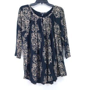Lucky Brand Womens 2X Black & Beige Floral Print Cotton Blouse With 3/4 Sleeves